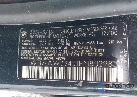 2001 BMW 325I from USA, damaged, VIN WBAAW33451EN80298